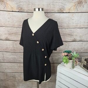 Belle by Belldini Button Down Top Swiss Dot V Neck Blouse Black XL‎